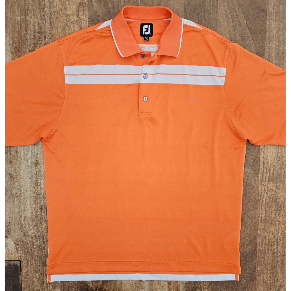 FootJoy FJ Golf Polo Shirt Men's Large Orange White Striped Classic Stretch